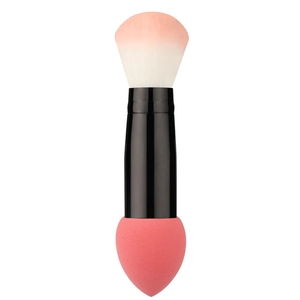 Dual-ended makeup brush with blush bristles and pink teardrop sponge applicator