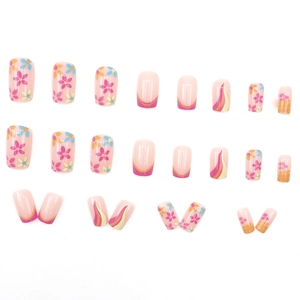 Sweet floral and wavy pattern square press-on nails set with colorful flower designs