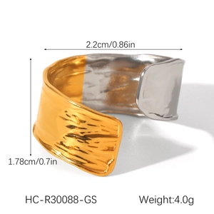 Detail view of two-tone hammered metal ring with exact size and weight dimensions