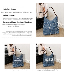 Detailed size comparison of denim tote bag with iPad and dimensions for daily commute