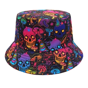 Bucket Hat Polyester Psychedelic Skull Mushroom Print Reversible Sun Protection Outdoor Streetwear For Men Women