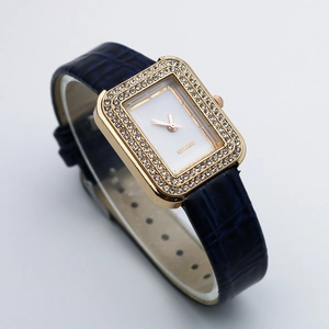 Women's square quartz watch with crystal bezel and blue crocodile embossed leather strap