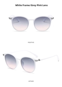 Detail view of round oversized sunglasses with white frames and gradient pink lenses