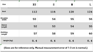 Detailed size chart for bomber jacket and wide leg pants including bust and length data