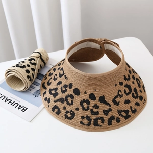 Women's leopard print straw sun visor hat with wide brim and roll-up design