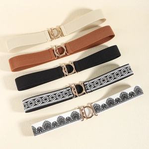 Five elastic women's belts in various colors with lace patterns and gold D-ring buckles