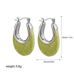 Detail view of U-shaped enamel earrings with dimensions 35mm height and 24mm width