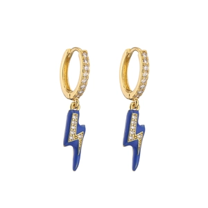 Close-up of gold lightning earrings with blue enamel and micro-pave cubic zirconia