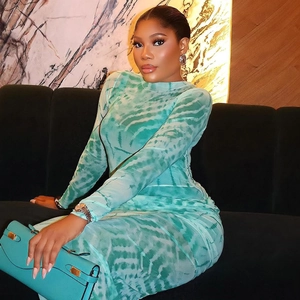 Slim fit long sleeve mint green mesh midi dress with abstract tie-dye print patterns