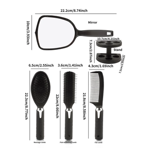 5-piece professional hair comb and mirror set with stand, dimensions shown in black finish