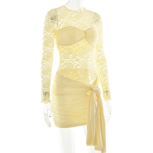 Detail of light yellow lace patchwork sleeve and side knot pleats on slim fit dress