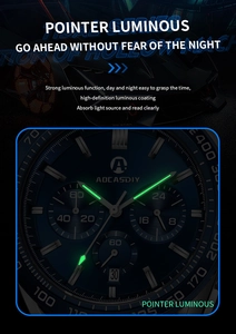 Professional luminous pointer detail of blue sports quartz watch for men in dark