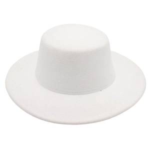 Detail of white boater hat felt material with wide flat brim and fine stitching finish