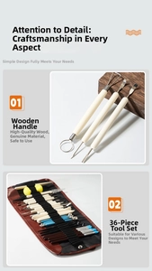 Detailed view of 36-piece clay sculpting tool set with wood handles and brown roll bag