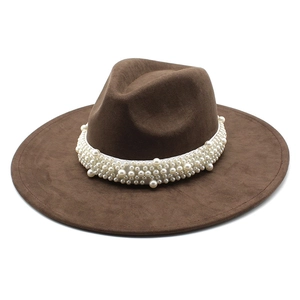 Deep brown wide-brim felt fedora hat with multiple rows of white pearl accents