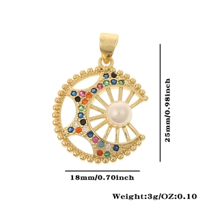 Detailed dimensions of gold crescent pendant with colorful stones and white pearl