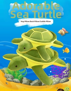 Detail of plush turtle toy with soft green shell and yellow belly in two sizes