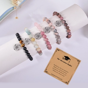 Natural stone beaded bracelets with compass charm and graduation gift card set