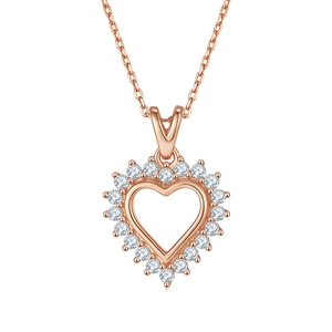 Close-up of rose gold heart pendant necklace with shimmering white zircon stones