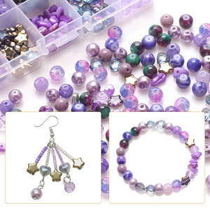 Macro view of purple DIY jewelry kit with assorted crystal beads and star charms in a box
