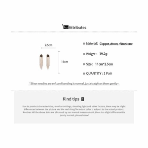 Detail view of silver tassel earrings with specifications including size 11cm and zircon material