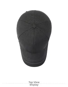 Top view detail of dark grey baseball cap showing six-panel structure and stitching