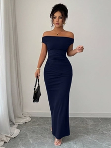 Elegant off-shoulder floor-length navy blue dress with a slim-fit silhouette and draping