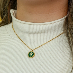 Y2K 18K gold plated stainless steel necklace with green enamel flower pendant