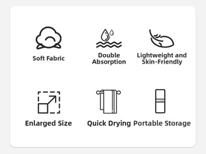 Features of fast-drying beach towel including softness, absorbency and portable storage