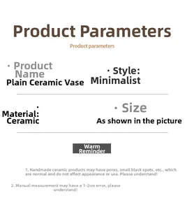 Tableau détaillé des spécifications du vase en céramique minimaliste avec dimensions