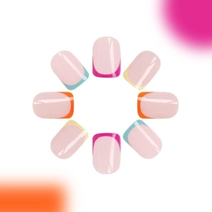 Classic colorful French tip press-on nails in short oval shape with multi-color borders