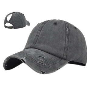 Detail view of charcoal gray distressed baseball cap with specialized ponytail hole design