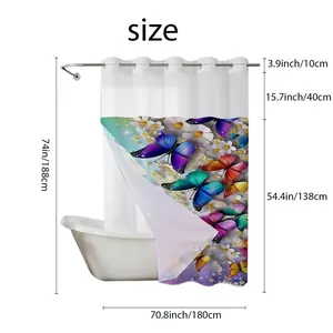 Size chart for butterfly daisy shower curtain, measuring 70.8x74 inches with hooks