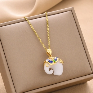 Titanium steel necklace with white jade pendant and colorful enamel details
