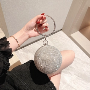 Sparkling silver rhinestone spherical evening clutch bag with round metal handle for party