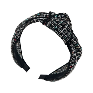 Fashionable black and white plaid tweed knotted headband for women with a wide weave