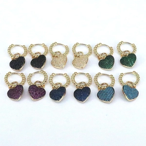 Detailed view of heart zircon earrings in six colors with gold-plated ring buckle