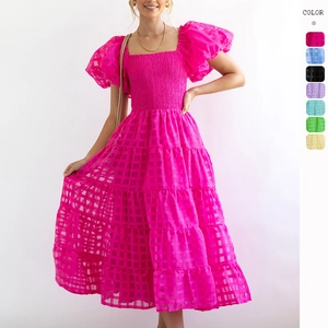Off Shoulder Puff Sleeve Smocked Midi Dress Tiered Cake Skirt Checkered Texture Elegant Summer Vacation For Women