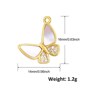 Gold butterfly pendant with white shell wings and zircon details, 16mm x 14mm size