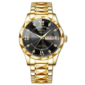Men's gold stainless steel watch with black sunray dial and day-date display