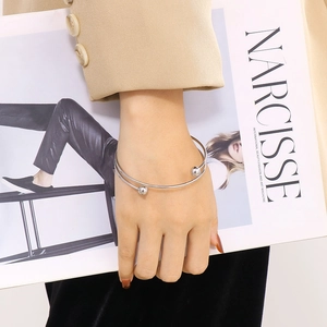 Double-layer stainless steel open bangle with beads for women, minimalist polished design