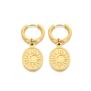18K gold plated stainless steel oval drop earrings with celestial sun and moon relief
