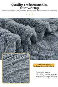 Detail of gray fleece blanket with 3D geometric embossing and reinforced stitched edges