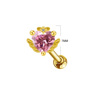 Macro detail of golden butterfly heart ear stud with pink zircon and 7mm size mark