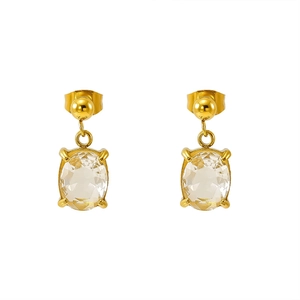 Oval gold-plated stainless steel earrings with sparkling clear zircon stones