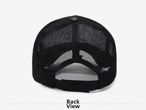 Detail view of the breathable black mesh back and adjustable strap on the baseball cap