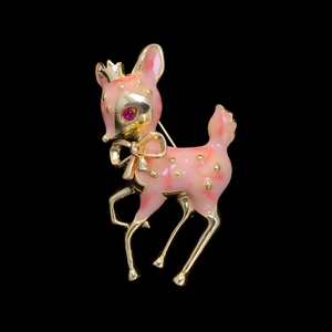 Pink Enamel Deer Brooch Alloy Gold Plated Animal Pin With Crown Bowtie Decor For Women Girls Gift