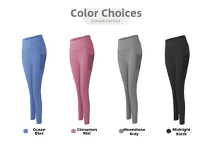 Detail view of high waisted yoga pants with side mesh pockets in four different colors