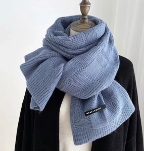 Chunky blue checkerboard knit scarf for women, soft warm winter neck wrap styled on model