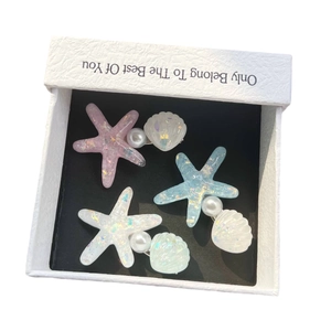 Three-piece set of pastel starfish and seashell hairpins with pearls in a gift box